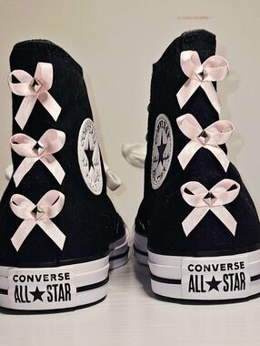 Black High-Top Sneakers with Pink Ribbon Bowslor Concersw Bow/stud